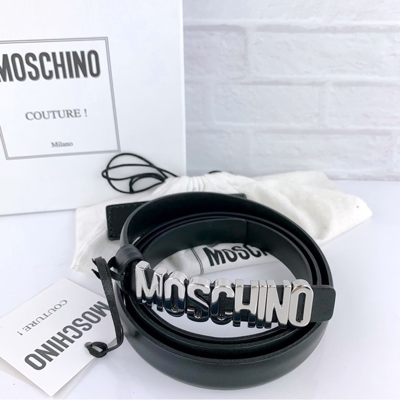 NEW! MOSCHINO Couture Thin Leather Logo Belt Black Silver 90 CM main image 12